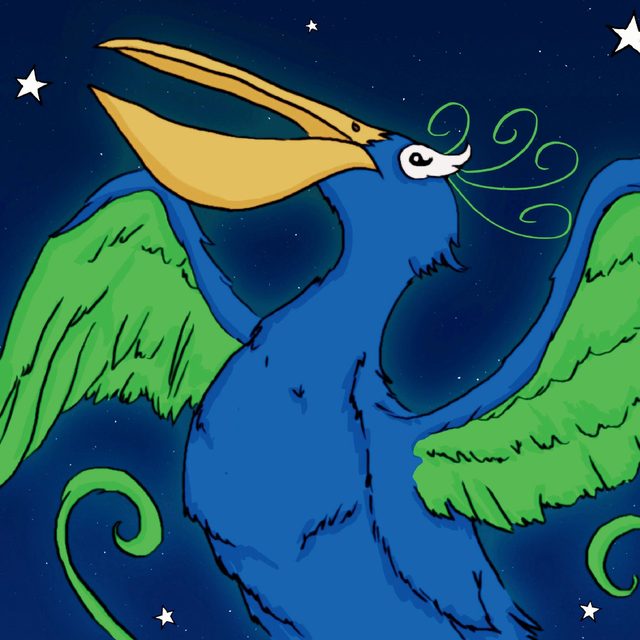 Aishwany, a blue pelican with green wings and a golden beak.