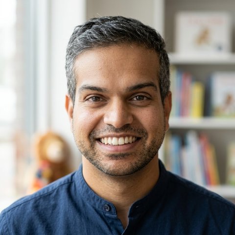 Portrait of author Nadeesha Jayasinghe, smiling, in front of a shelf of children's books.
