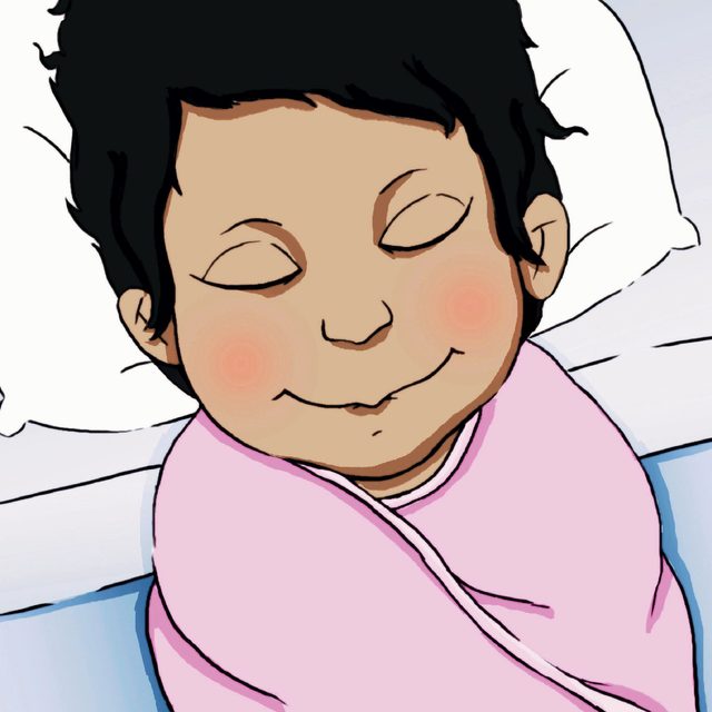 Little One asleep, wrapped in a pink blanket.