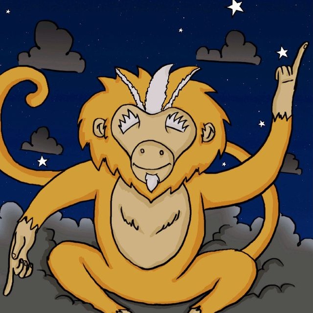 Grandfather Sisil, an old golden monkey, pointing up to the sky.