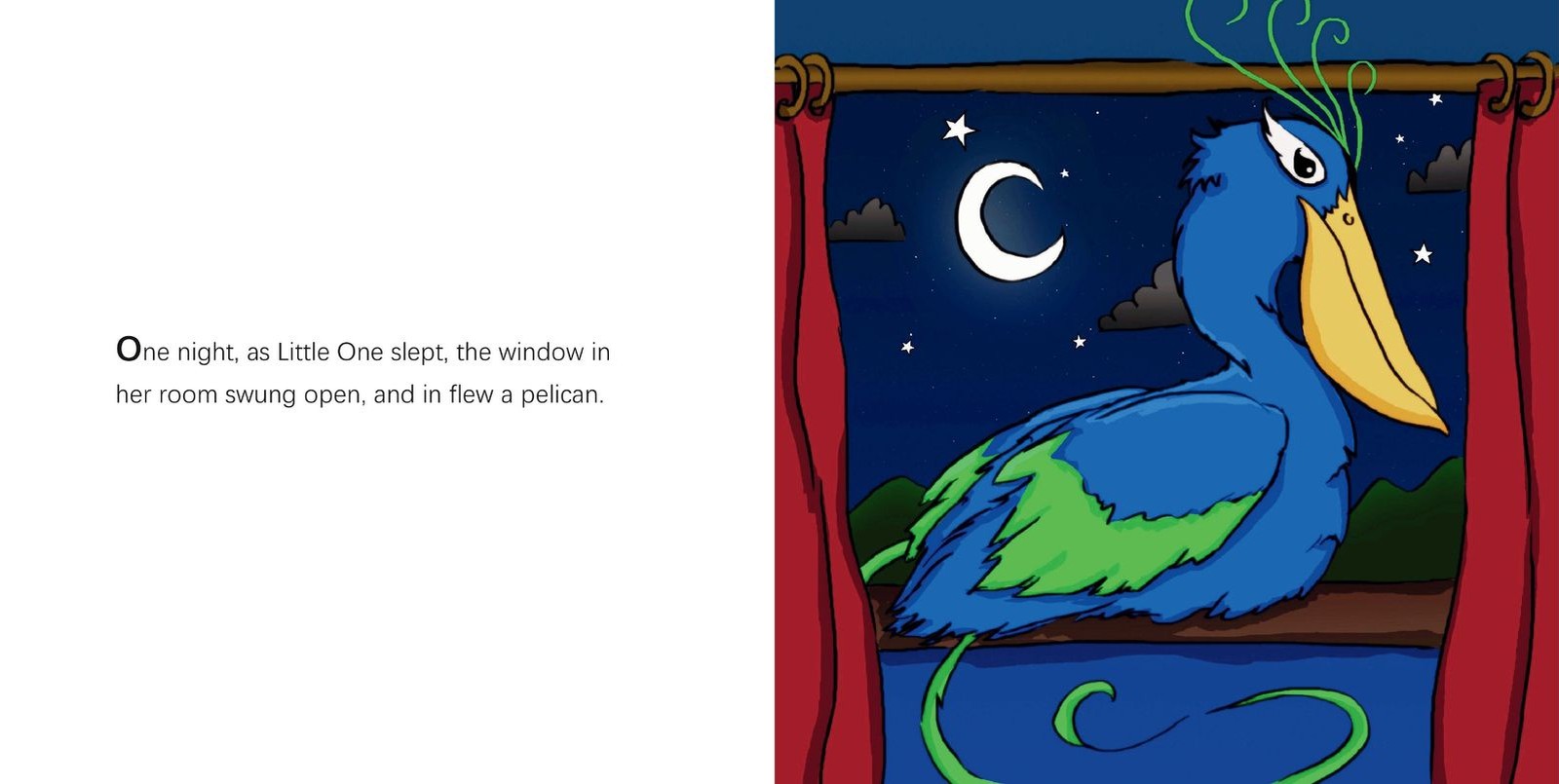 Spread: a pelican lands at the open window on a moonlit night.