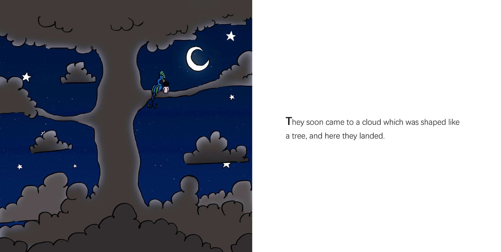 Spread: a cloud shaped like a tree under the moon.